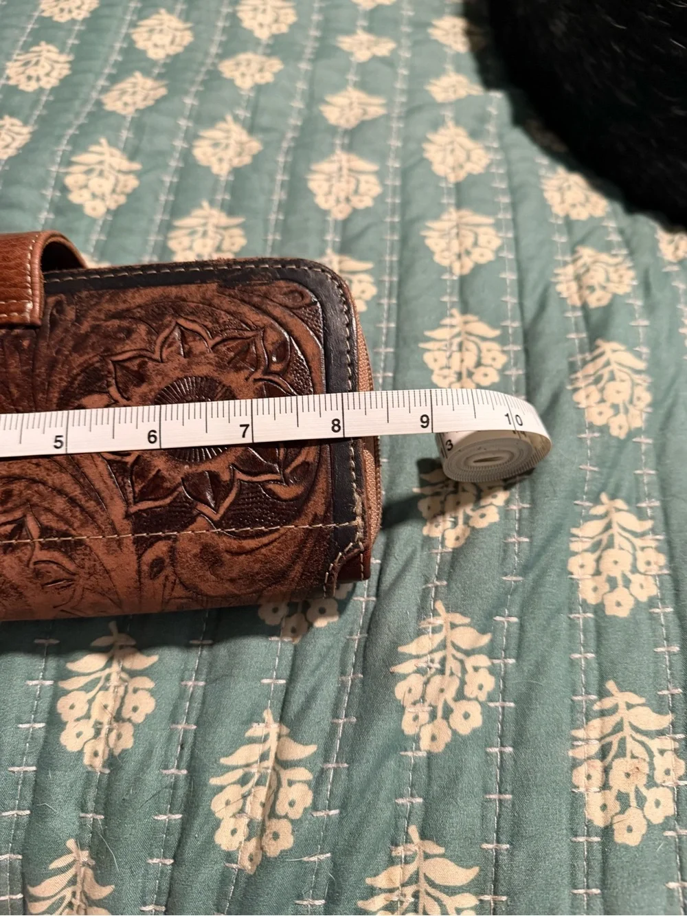 Brown Floral Tooled Leather Phone Wallet Case with Turquoise Accent
